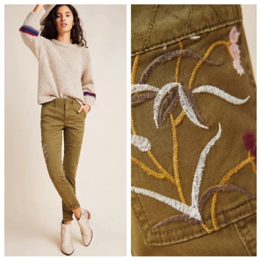 Anthropologie Embroidered Olive Green Cargo/Utility Pants - NWT - Size 28